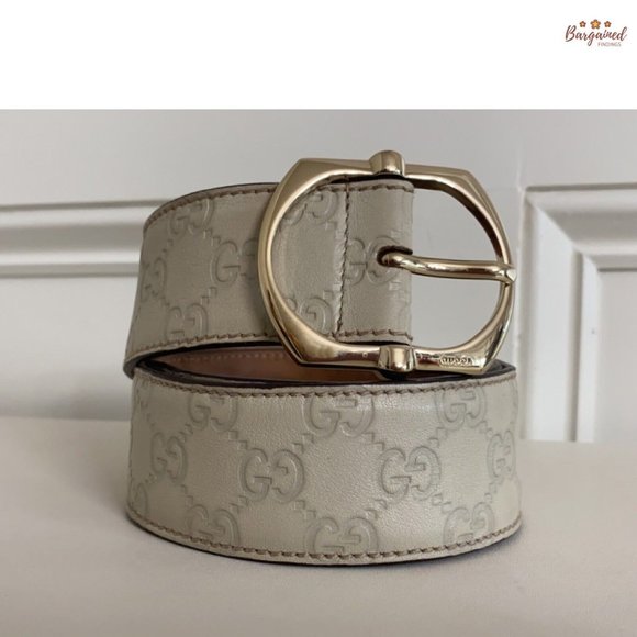 Authentic Gucci Cream GG Embossed Signature Leather Gold Pin Buckle Belt 85/34 - Picture 13 of 14